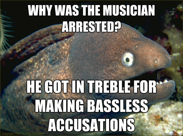 why was the musician arrested? he got in treble for making bassless accusations  Bad Joke Eel