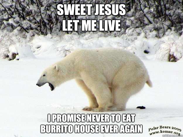 SWEET JESUS
LET ME LIVE I PROMiSE NEVER TO EAT 
BURRITO HOUSE EVER AGAIN - SWEET JESUS
LET ME LIVE I PROMiSE NEVER TO EAT 
BURRITO HOUSE EVER AGAIN  Worst Shit Polar Bear