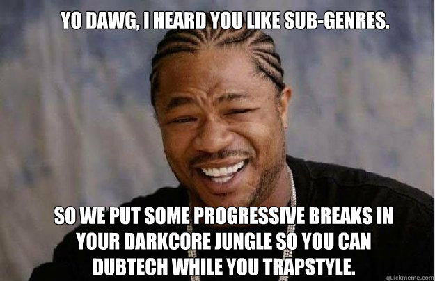 Yo dawg, I heard you like sub-genres. So we put some Progressive breaks in your Darkcore jungle so you can Dubtech while you Trapstyle.  - Yo dawg, I heard you like sub-genres. So we put some Progressive breaks in your Darkcore jungle so you can Dubtech while you Trapstyle.   Yo Dawg 1