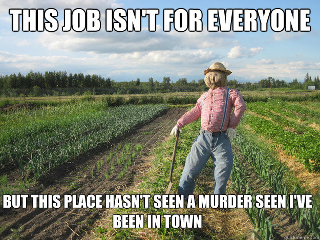 This job isn't for everyone but this place hasn't seen a murder seen i've been in town  Scarecrow