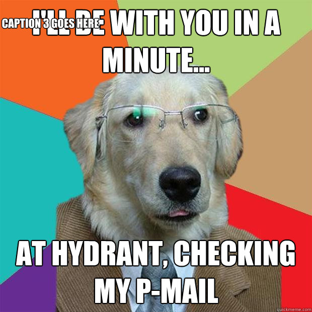 I'll be with you in a minute... At hydrant, checking my p-mail Caption 3 goes here  Business Dog