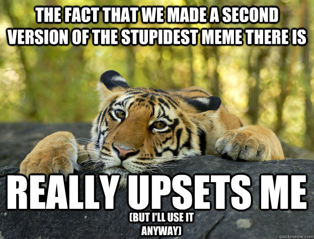 the fact that we made a second version of the stupidest meme there is  really upsets me (but i'll use it anyway)  Confession Tiger