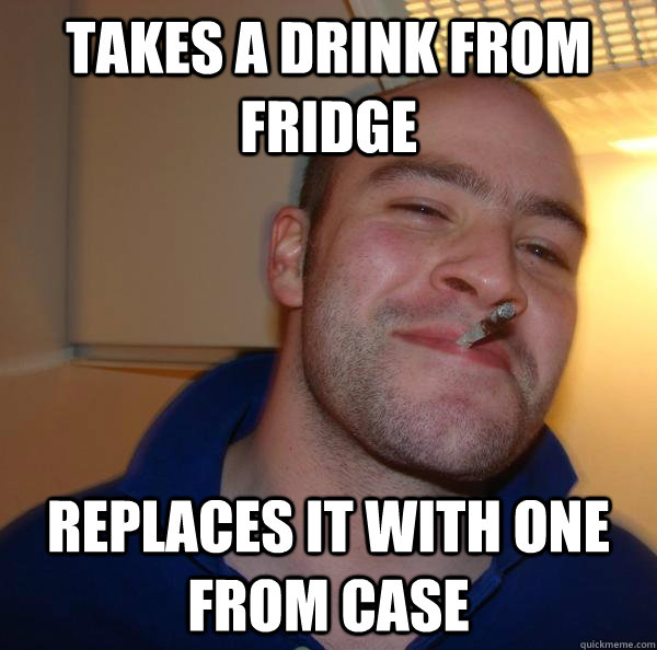 takes a drink from fridge replaces it with one from case - takes a drink from fridge replaces it with one from case  Misc