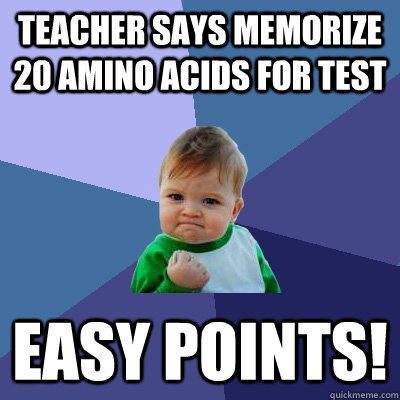 Teacher says memorize 20 amino acids for test Easy Points!  Success Kid