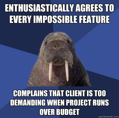 Enthusiastically agrees to every impossible feature complains that client is too demanding when project runs over budget  Web Developer Walrus