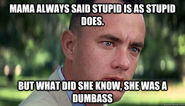 mama always said stupid is as stupid does. but what did she know, she was a dumbass  Offensive Forrest Gump