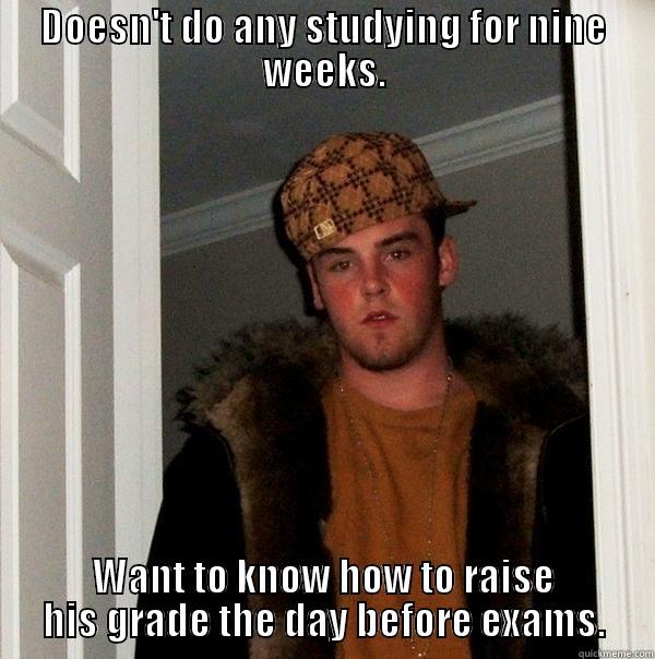 Scumbag at midterms - DOESN'T DO ANY STUDYING FOR NINE WEEKS. WANT TO KNOW HOW TO RAISE HIS GRADE THE DAY BEFORE EXAMS. Scumbag Steve