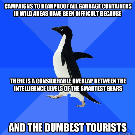  Campaigns to bearproof all garbage containers in wild areas have been difficult because  There is a considerable overlap between the intelligence levels of the smartest bears  and the dumbest tourists -  Campaigns to bearproof all garbage containers in wild areas have been difficult because  There is a considerable overlap between the intelligence levels of the smartest bears  and the dumbest tourists  Socially Awkward Penguin