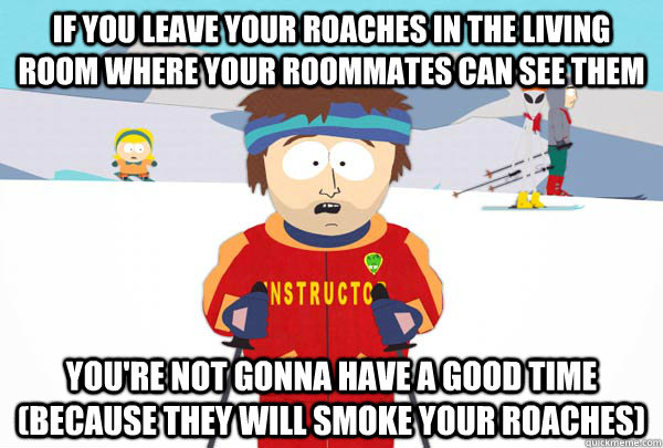 If you leave your roaches in the living room where your roommates can see them You're not gonna have a good time (because they will smoke your roaches) - If you leave your roaches in the living room where your roommates can see them You're not gonna have a good time (because they will smoke your roaches)  Super Cool Ski Instructor