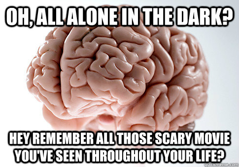 oh, all alone in the dark? hey remember all those scary movie you've seen throughout your life?  Scumbag Brain