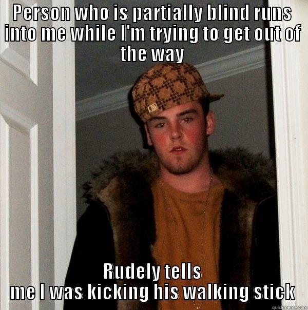 PERSON WHO IS PARTIALLY BLIND RUNS INTO ME WHILE I'M TRYING TO GET OUT OF THE WAY RUDELY TELLS ME I WAS KICKING HIS WALKING STICK Scumbag Steve