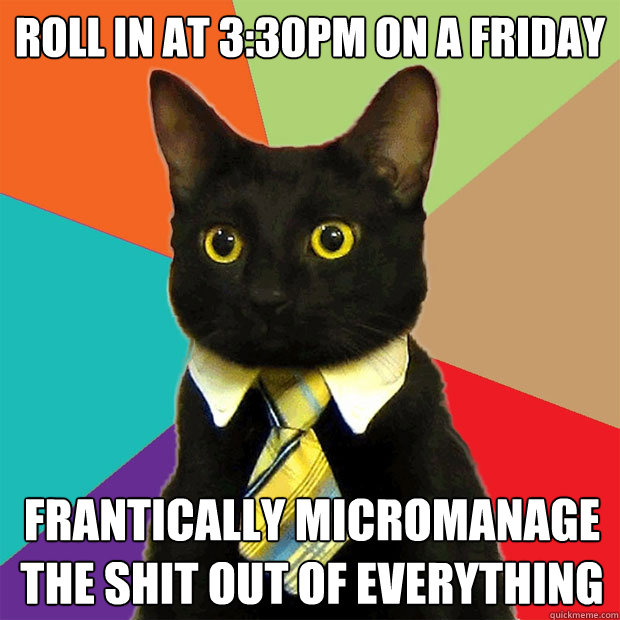 Roll in at 3:30pm on a friday frantically micromanage the shit out of everything  Business Cat