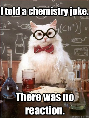 I told a chemistry joke. There was no reaction.   Chemistry Cat