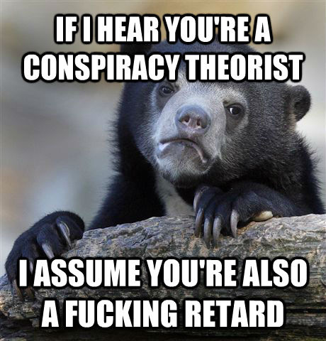 IF I HEAR YOU'RE A CONSPIRACY THEORIST  I ASSUME YOU'RE ALSO A FUCKING RETARD   Confession Bear