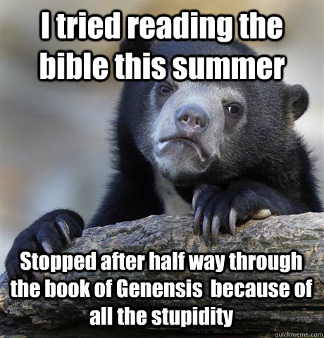 I tried reading the bible this summer Stopped after half way through the book of Genensis  because of all the stupidity  Confession Bear