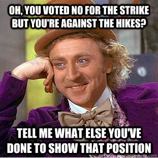 Oh, you voted no for the strike but you're against the hikes? Tell me what else you've done to show that position - Oh, you voted no for the strike but you're against the hikes? Tell me what else you've done to show that position  Condescending Wonka