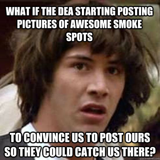 what if the dea starting posting pictures of awesome smoke spots to convince us to post ours so they could catch us there?  conspiracy keanu