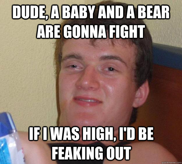 Dude, a baby and a bear are gonna fight If I was high, i'd be feaking out  10 Guy