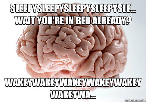 sleepysleepysleepysleepysle... 
Wait you're in bed already? wakeywakeywakeywakeywakeywakeywa... - sleepysleepysleepysleepysle... 
Wait you're in bed already? wakeywakeywakeywakeywakeywakeywa...  Scumbag Brain