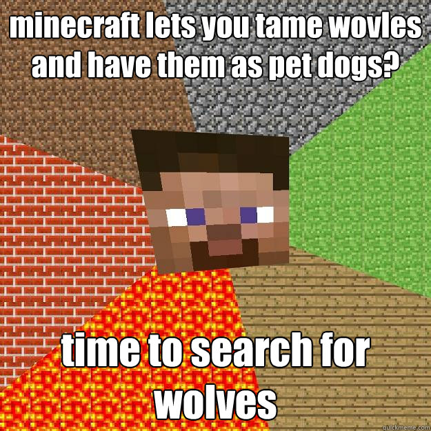 minecraft lets you tame wovles and have them as pet dogs? time to search for wolves  Minecraft