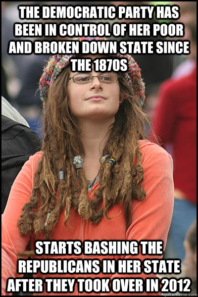 the democratic party has been in control of her poor and broken down state since the 1870s starts bashing the republicans in her state after they took over in 2012  College Liberal