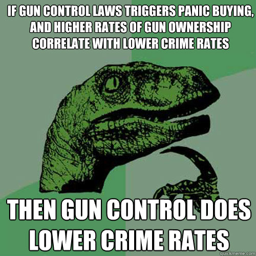 If gun control laws triggers panic buying, and higher rates of gun ownership correlate with lower crime rates then gun control does lower crime rates  Philosoraptor