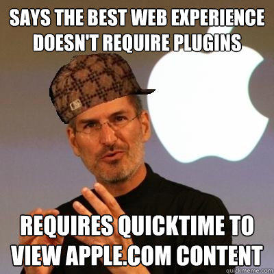 says the best web experience doesn't require plugins requires quicktime to view apple.com content  
