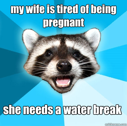 my wife is tired of being pregnant she needs a water break  Lame Pun Coon