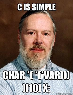 C is simple char *( *(*var)() )[10] x;  