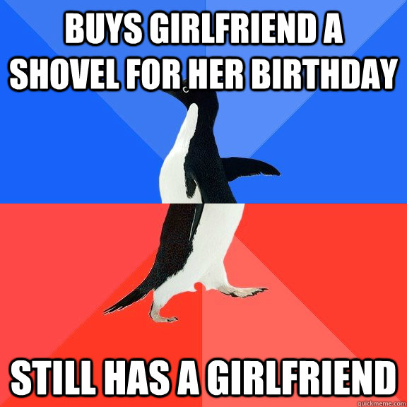 Buys girlfriend a shovel for her birthday Still has a girlfriend  Socially Awkward Awesome Penguin