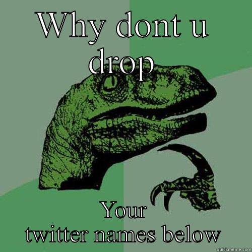 WHY DONT U DROP YOUR TWITTER NAMES BELOW Philosoraptor