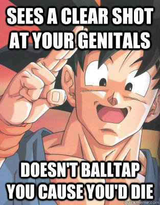 sees a clear shot at your genitals doesn't balltap you cause you'd die  Good Guy Goku