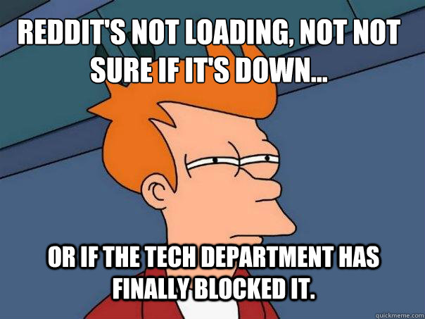 Reddit's not loading, not not sure if it's down... or if the tech department has finally blocked it.  Futurama Fry