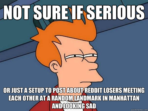 Not sure if serious or just a setup to post about reddit losers meeting each other at a random landmark in manhattan and looking sad - Not sure if serious or just a setup to post about reddit losers meeting each other at a random landmark in manhattan and looking sad  Futurama Fry