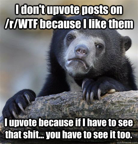 I don't upvote posts on /r/WTF because I like them I upvote because if I have to see that shit... you have to see it too.  Confession Bear