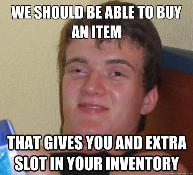 we should be able to buy an item  that gives you and extra slot in your inventory  10 Guy