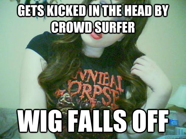 gets kicked in the head by crowd surfer wig falls off  