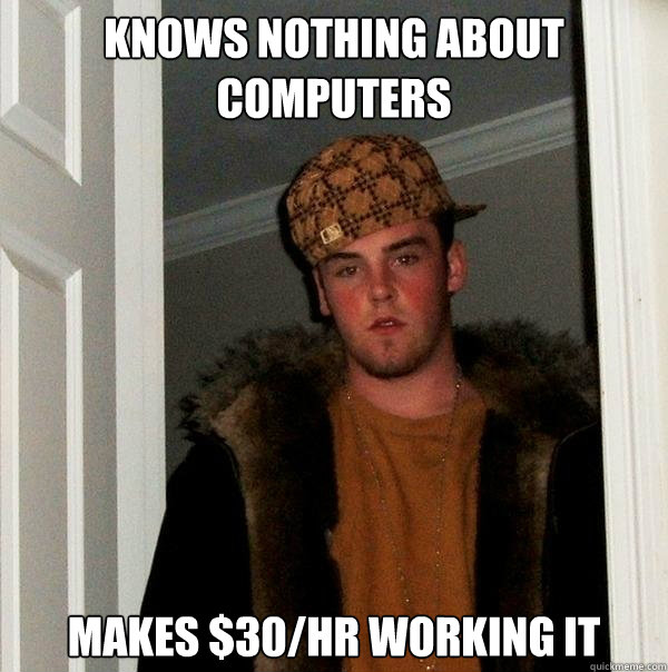 Knows nothing about computers Makes $30/hr working IT  Scumbag Steve