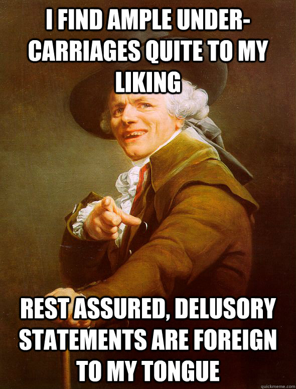 i find ample under-carriages quite to my liking rest assured, delusory statements are foreign to my tongue  Joseph Ducreux