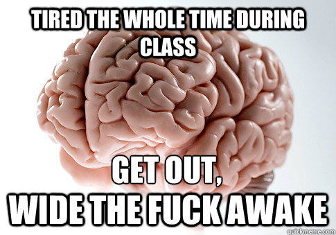 Tired the whole time during class wide the fuck awake Get out,  Scumbag Brain