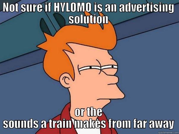 NOT SURE IF HYLOMO IS AN ADVERTISING SOLUTION OR THE SOUNDS A TRAIN MAKES FROM FAR AWAY Futurama Fry