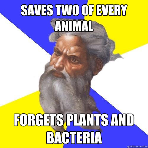 Saves two of every animal Forgets plants and bacteria  Advice God