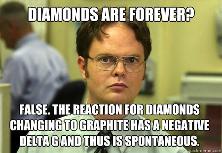 Diamonds are forever? False. The reaction for diamonds changing to graphite has a negative delta G and thus is spontaneous.   - Diamonds are forever? False. The reaction for diamonds changing to graphite has a negative delta G and thus is spontaneous.    Dwight