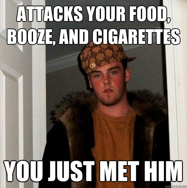 attacks your food, booze, and cigarettes you just met him - attacks your food, booze, and cigarettes you just met him  Scumbag Steve