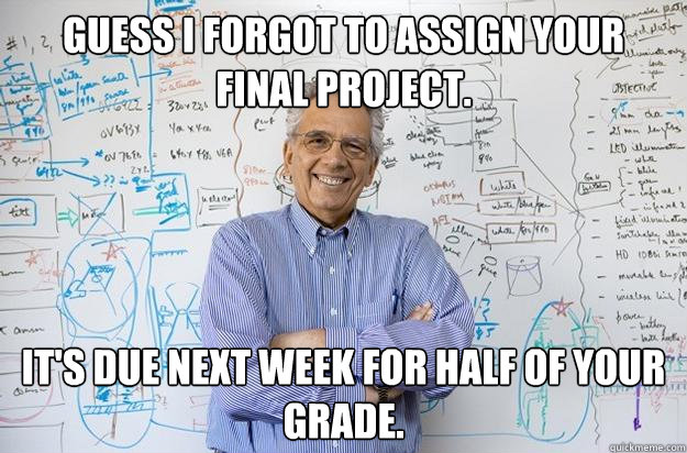 Guess I forgot to assign your final project. It's due next week for half of your grade.  Engineering Professor