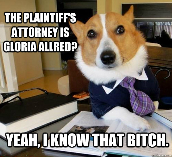 the plaintiff's attorney is gloria allred? yeah, I know that bitch. - the plaintiff's attorney is gloria allred? yeah, I know that bitch.  Lawyer Dog