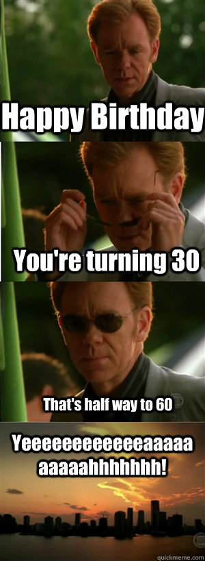 Happy Birthday You're turning 30 That's half way to 60 Yeeeeeeeeeeeeaaaaaaaaaahhhhhhh!  CSI Miami Style