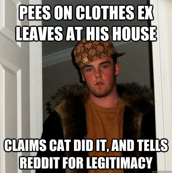 pees on clothes ex leaves at his house claims cat did it, and tells Reddit for legitimacy - pees on clothes ex leaves at his house claims cat did it, and tells Reddit for legitimacy  Scumbag Steve