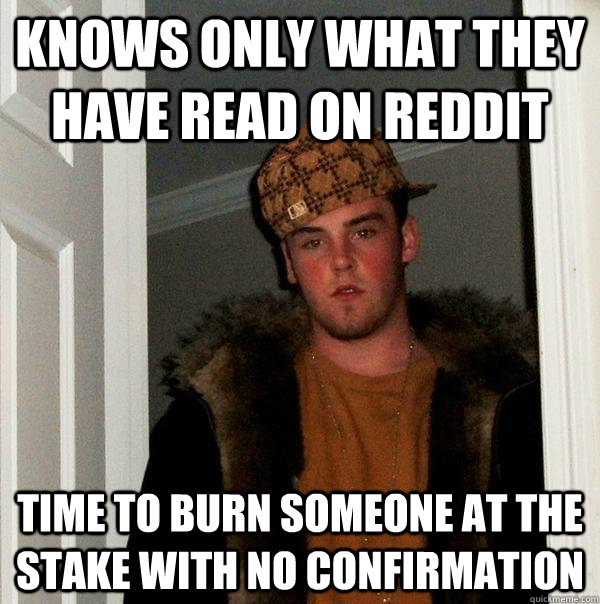 Knows only what they have read on reddit time to burn someone at the stake with no confirmation  Scumbag Steve