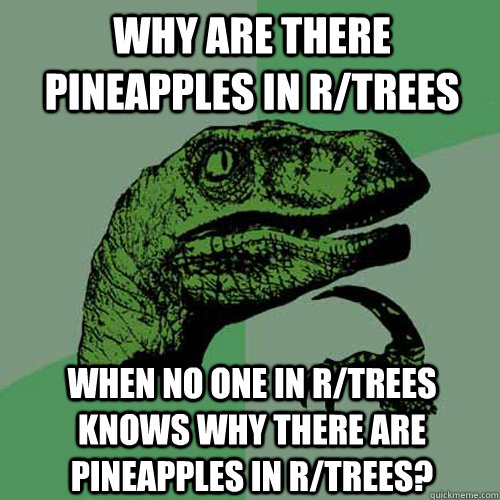 Why are there pineapples in r/trees when no one in r/trees knows why there are pineapples in r/trees?  Philosoraptor